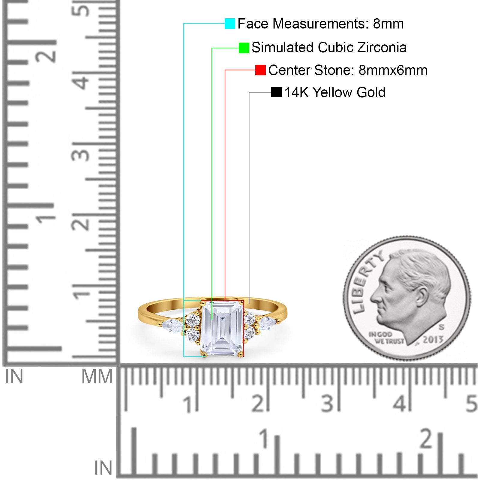 14K Yellow Gold Art Deco Emerald Cut Engagement Women Ring Marquise & Round Simulated CZ