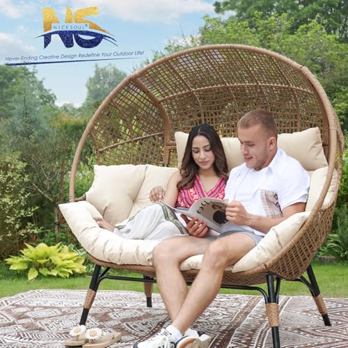 NICESOUL® Double Egg Chair Indoor Outdoor Stationary Oversized Thicken Padded Cushions, 2 Person Egg Loveseat Chair