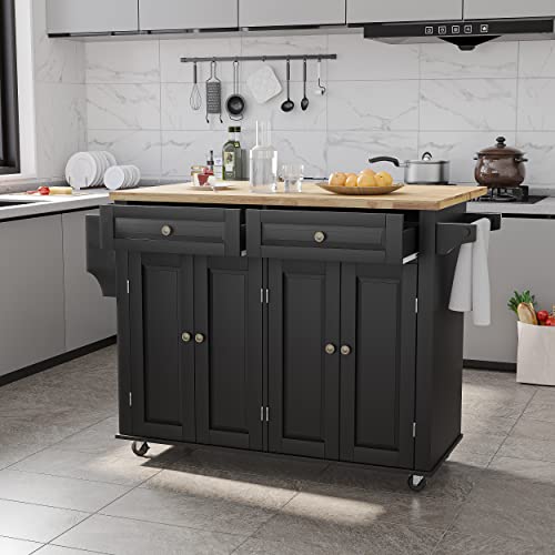 Kitchen Cart with Wood Top and Drop Leaf Breakfast Bar, Rolling Mobile Kitchen Island Table on Wheels with Drawer and Storage Cabinet, Spice Rack
