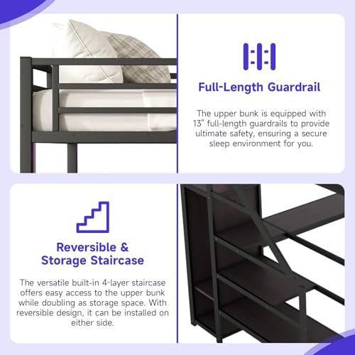 Full Size Metal Loft Bed Heavy-Duty Loft Bed Frame, LED Loft Bed Frame with L Shaped Desk, Wardrobe, Storage Stairs