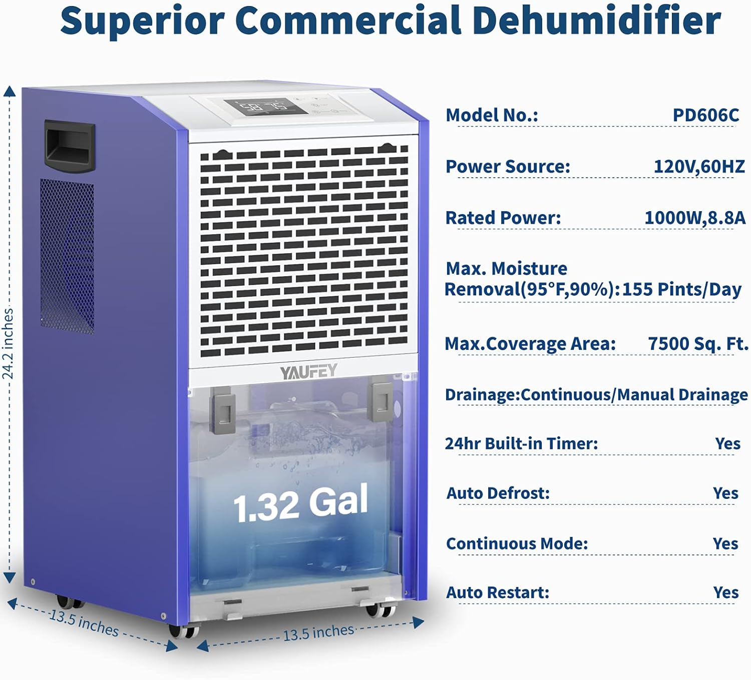 Yaufey 155 Pints Dehumidifier with Drain Hose, Commercial Dehumidifier for Large Basement, Industrial or Commercial Space, Auto Defrost