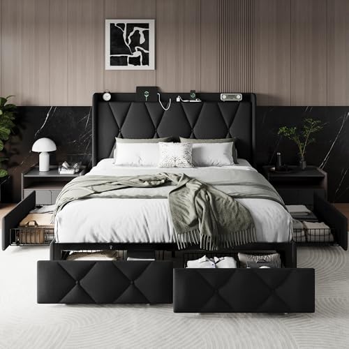 Queen Bed Frame with 4 Storage Drawers and Charging Station, Upholstered Platform Bed Frame with Storage Headboard, No Box Spring Needed