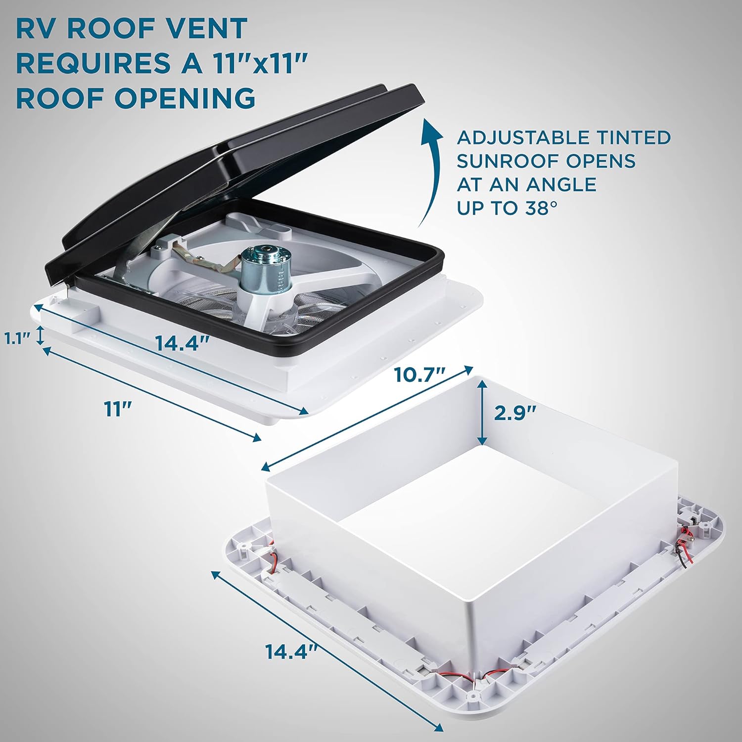 Hike Crew 11” RV Roof Vent Fan w/LED Light | 12V 3-Speed Intake & Exhaust Camper Fan | Manual Open/Close | Includes Screws & Garnish | Smoked Lid