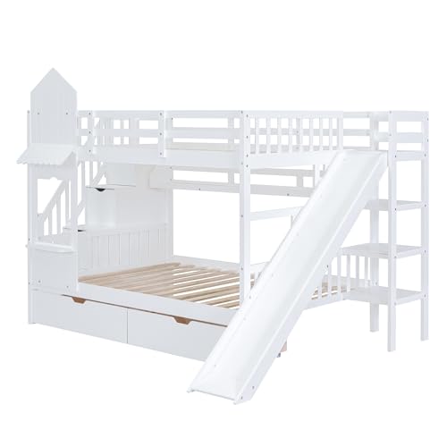 Harper & Bright Designs Twin Over Twin Bunk Bed with Stairs and Slide, Solid Wood Bunk Bed Frame with Storage Drawers and Bookshelf