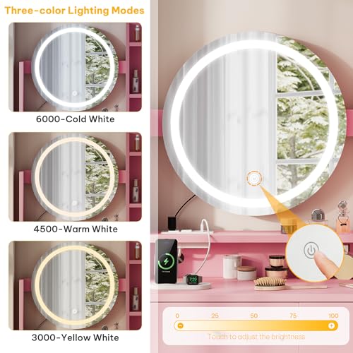 DWVO Vanity Desk with Mirror and Lights, Makeup Vanity Table Set with Power Outlets and Chair, 3 Lighting Colors