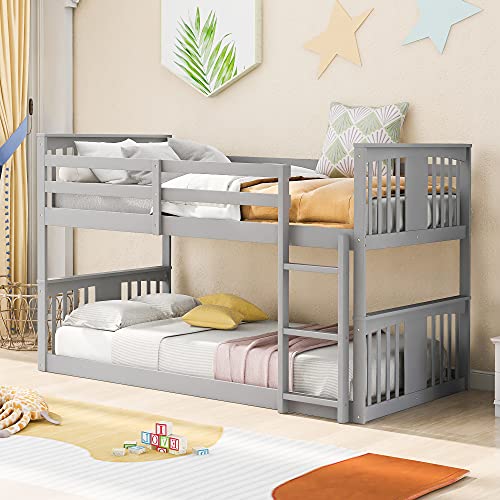 Harper & Bright Designs Twin Over Twin Low Bunk Bed with Headboard and Footboard, Wooden Bunk Bed with Ladder, for Toddlers Kids Boys Girls - White