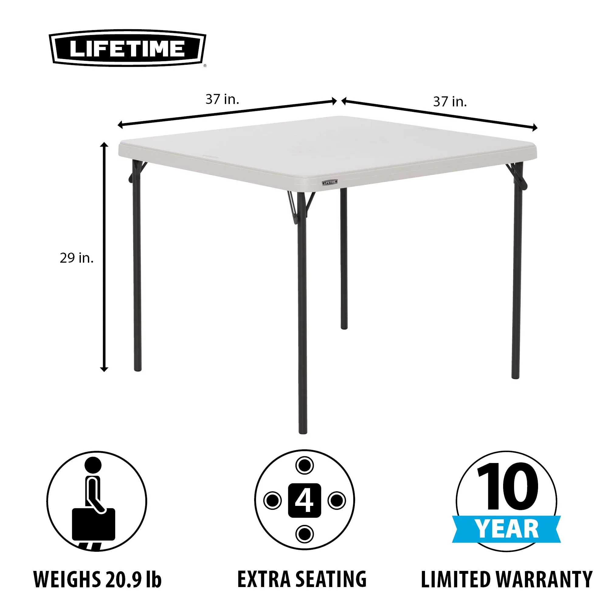 Lifetime 37 inch Square Folding Table, Indoor/Outdoor Commercial Grade, White Granite (80783)