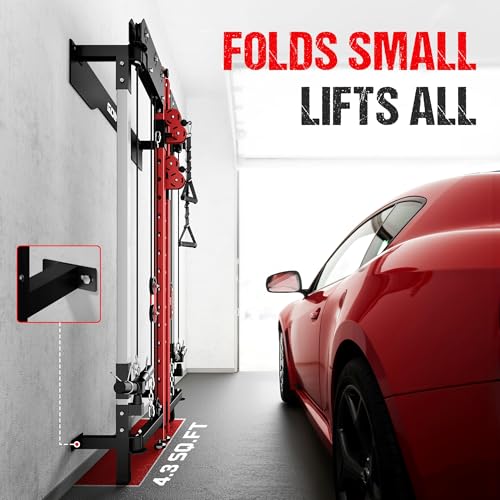 WM3-V4 Folding Squat Rack, Wall Mounted Power Rack with Dual Independent Pulley System