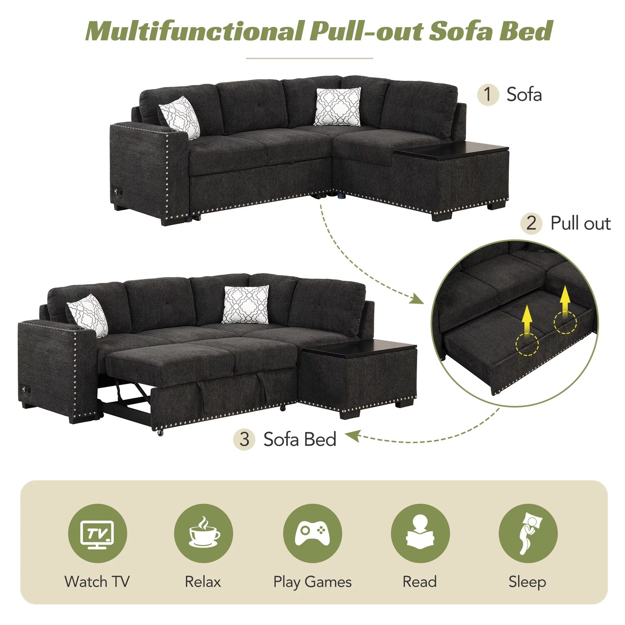 Reversible Sectional Pull-Out Sofa Bed L-Shaped Corner with Storage Chaise, Black