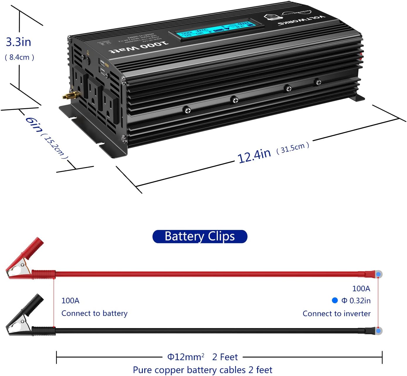 Pure Sine Wave 2500 Watt Car Power Inverter 2500w Converter DC 12V to 110V-120V AC with LCD Display 2 AC Outlets 2x2.4A USB Ports 1 AC Terminal Block