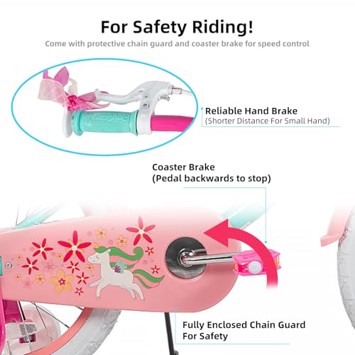 JOYSTAR Unicorn Kids Bike for Girls Ages 2-9 Years Old, 12 14 16 18 Inch Kids Bike with Training Wheels, Doll Seat, Streamers and Basket