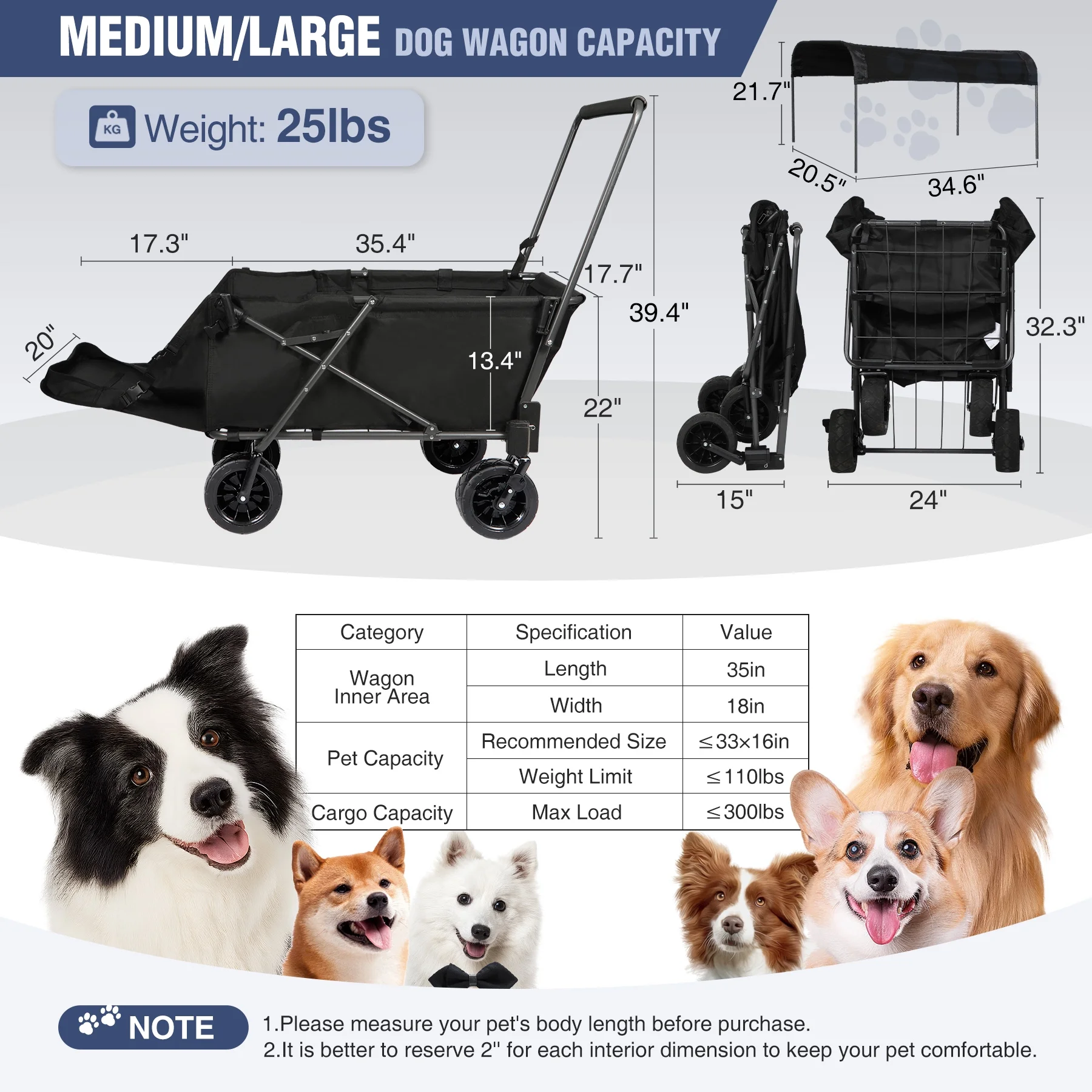 REDCAMP Folding Dog Wagon Cart with Canopy, 220L Capacity Large Collapsible Utility Cart Dog Stroller with Tailgate for Sports Shopping Pet, Black