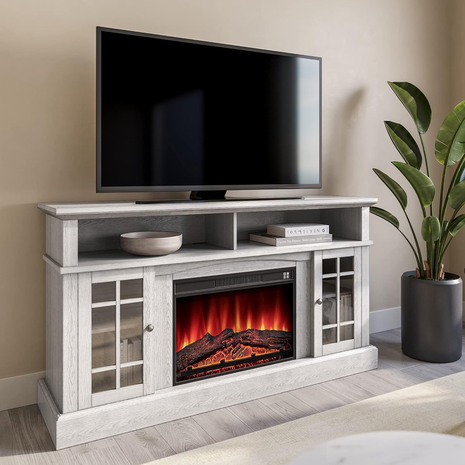 BELLEZE Traditional 58 Inch Rustic Electric Fireplace TV Stand & Media Entertainment Center Console Table for TVs up to 65 Inches with Open Storage