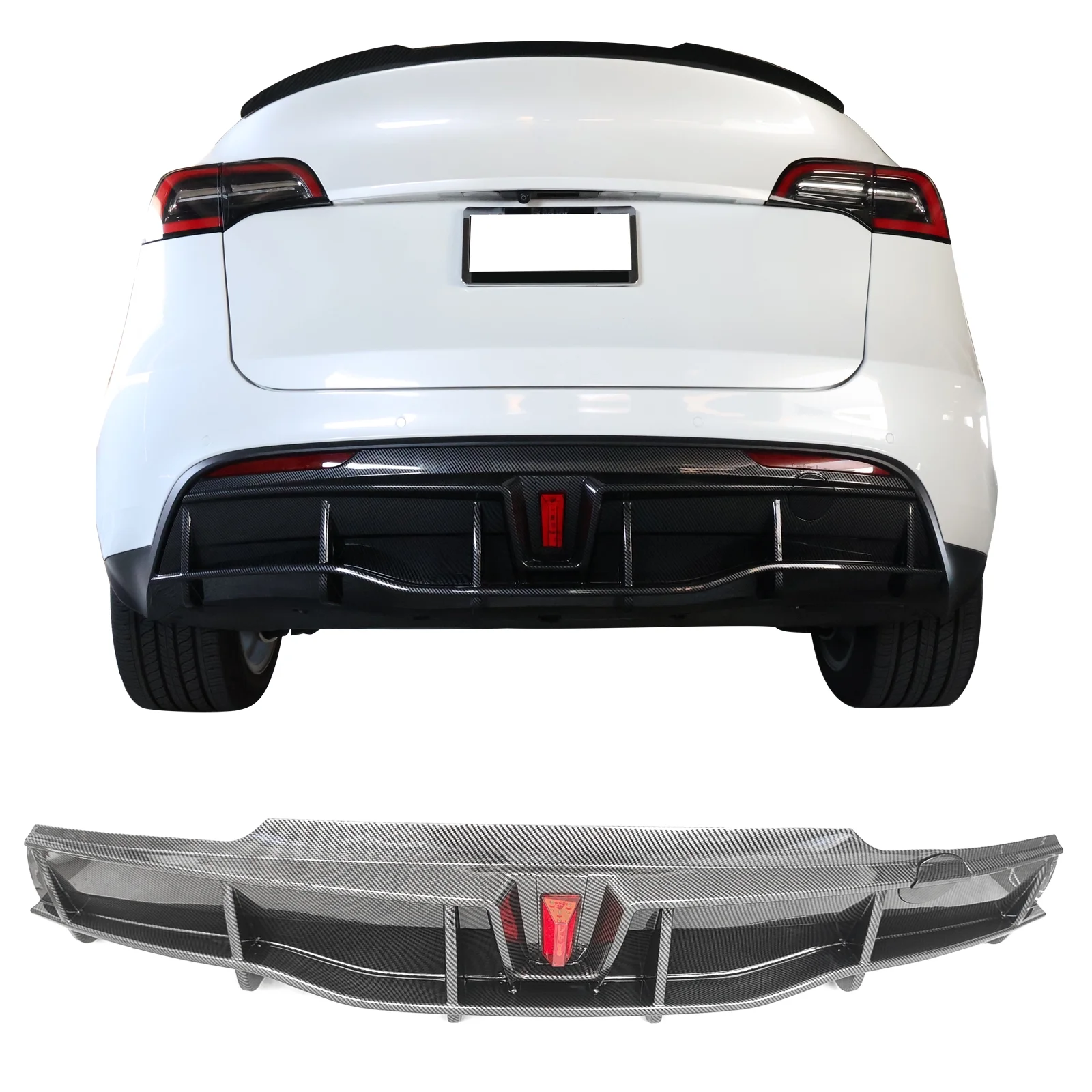 Ikon Motorsports Rear Diffuser Lip Compatible With 2020-2023 Tesla Model Y Sport 4-Door Carbon Fiber Print IKON Style PP Rear Lower Bumper Protector