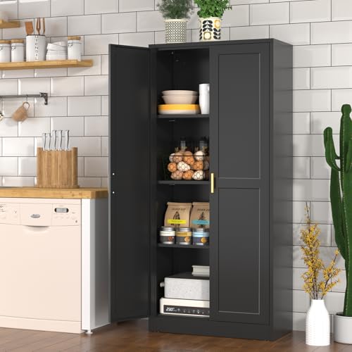 Pantry Cabinet, 71 Inch Tall Kitchen Storage Cabinet, Metal Pantry Cabinet with Doors and Adjustable Shelves, Black Food Cupboard