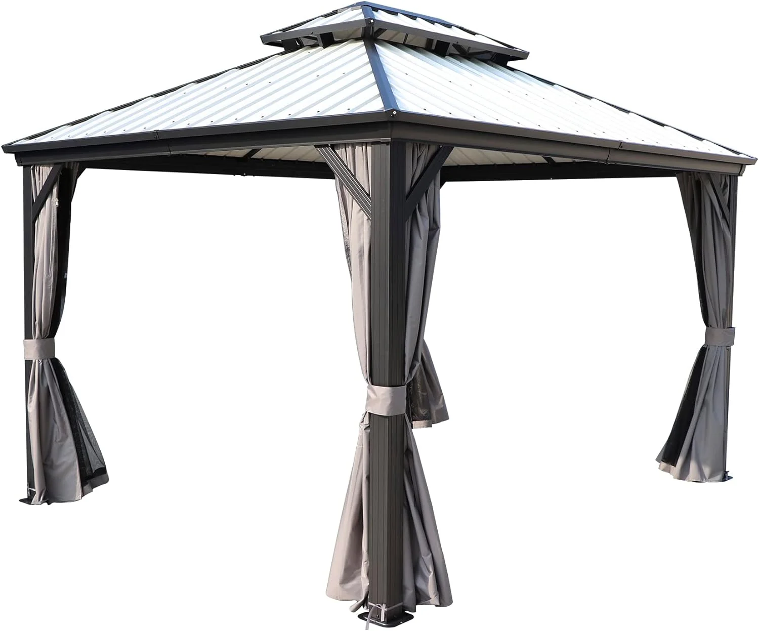 Kozyard Caesar Hardtop Aluminum Permanent Gazebo with 2-Layer Sidewalls (10ft x 12ft Grey)