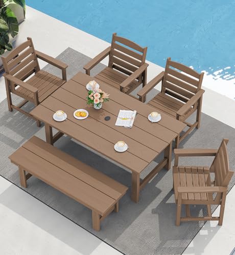 SERWALL Outdoor HDPE Dining Table Set, 7-Piece Outdoor Dining Table Sets with Umbrella Hole Cut-Out Table and 6 Chairs, Gray