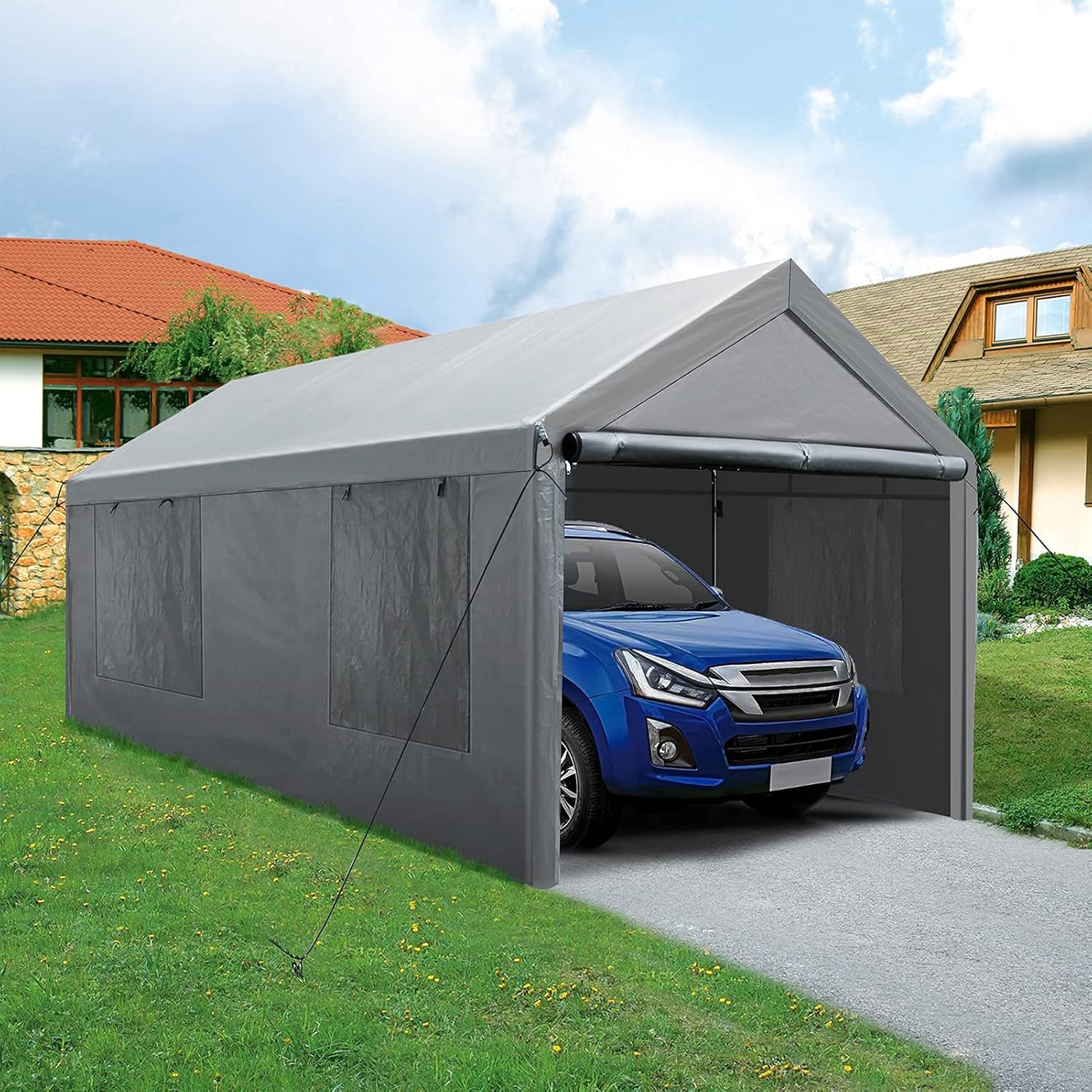 CECAROL Carport, 10x20ft Heavy Duty Carport with 8 Legs 4 Mesh Windows, 180g PE UV Fabric, Removable Walls&Doors, Portable Garage for Auto Boat Tools