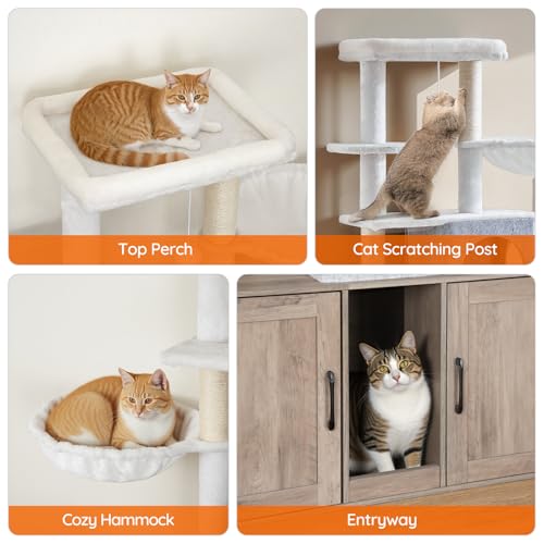 HOOBRO Cat Tree with 47.2" Dual Litter Box Enclosure, 63.4" Tall Multi-Functional Tower for Cats, Hidden Litter Box Enclosure Furniture