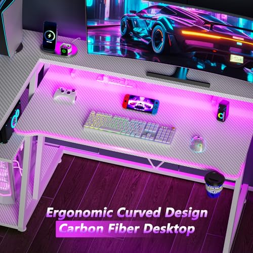 55 Inch Gaming Desk with Power Outlet & LED Lights, L Shaped Gamer Computer Table with Storage Shelves for Bedroom, Corner Home Office Desk