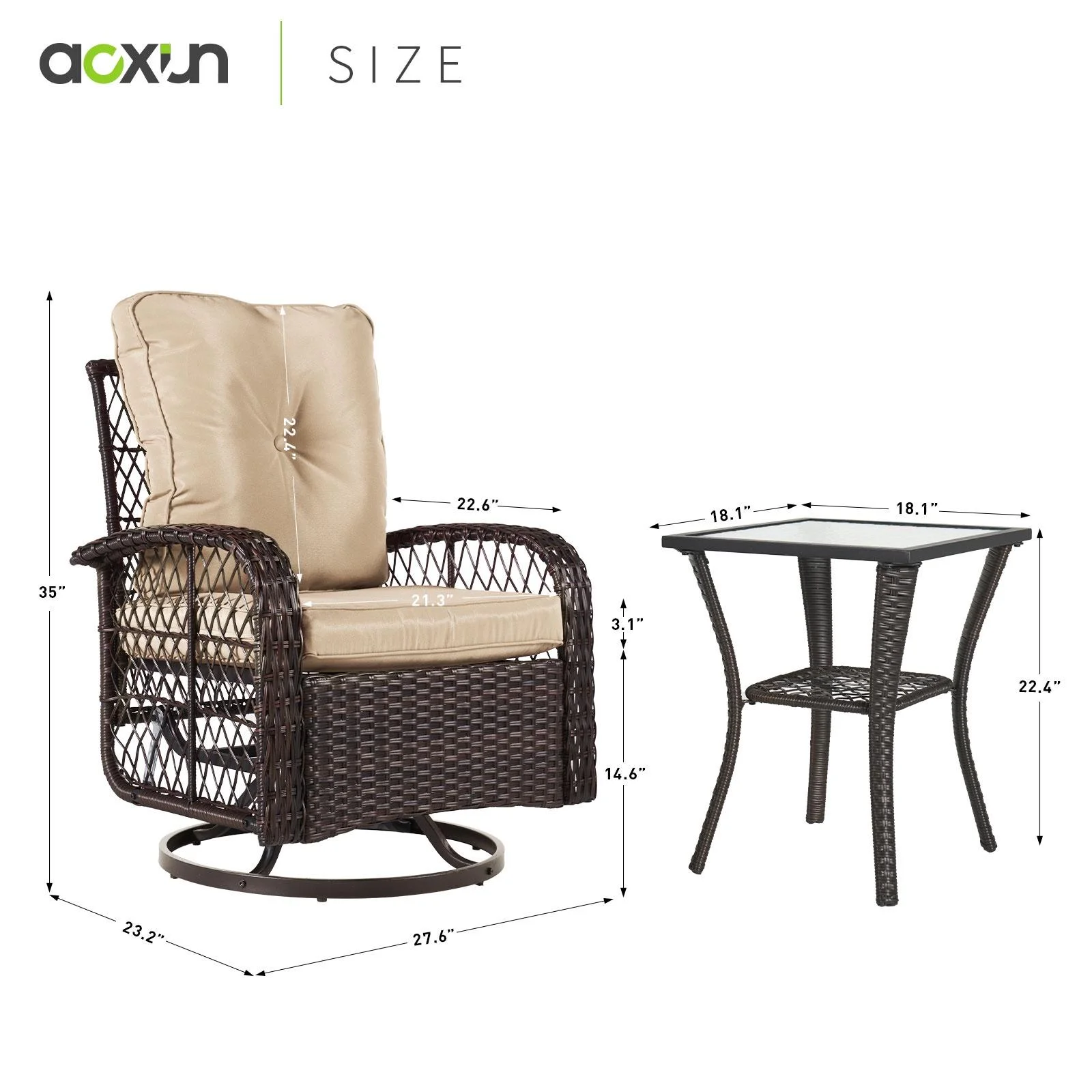 Aoxun 3 Piece Patio Chairs Set, Swivel Rocking Chairs for Patio, Wicker Bistro Set with Beige Cushions, Outdoor Swivel Rocker - Radiant Selections