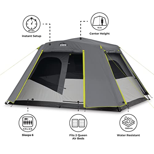 CORE Instant Cabin Tents | 6 Person / 9 Person / 10 Person / 12 Person Family Cabin Multi Room Pop Up Tents Car Camping | Included Storage Pockets