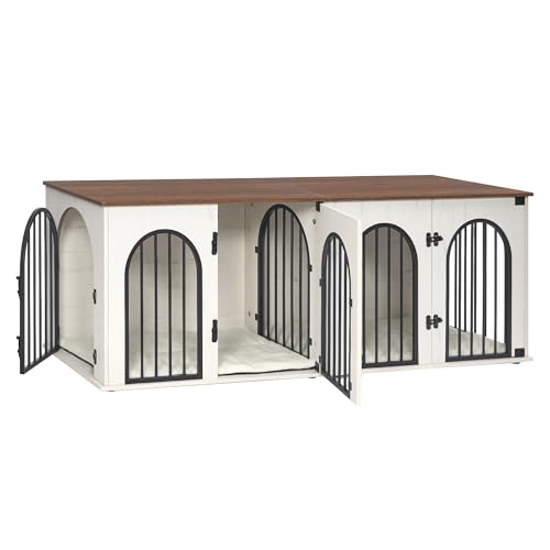 71" Dog Crate Furniture for 2 Dogs, Heavy Duty Indoor Dog Kennel TV Stand, XXL Wooden Dog Cage with Divider for Medium Large Dogs