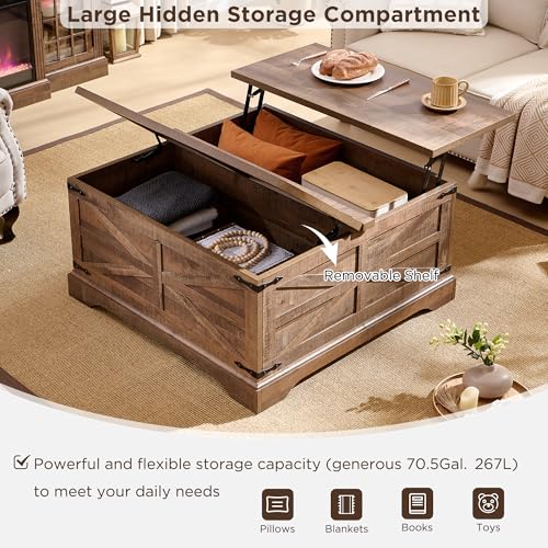 JXQTLINGMU Farmhouse Lift Top Coffee Table with Storage, 36" Wood Square Center Table with Large Hidden Compartment
