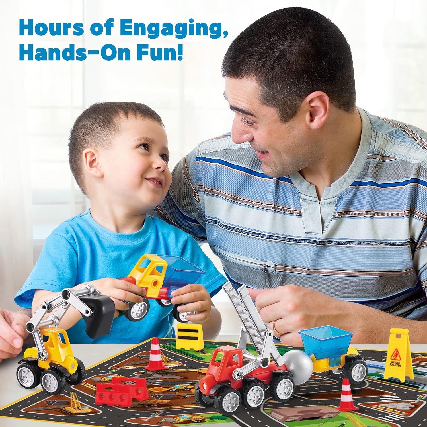 Cars Magnetic Building Blocks, New Shapes for Creating Endless Colorful Builder Trucks Including Play Mat, Selected Construction Signs Road