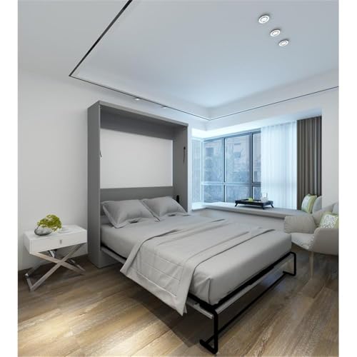 Queen Size Gray Murphy Wall Bed in Solid Wood, No Box Spring Needed, Easy Assembly