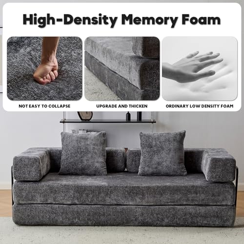 Convertible Sleeper Sofa Bed with Cylindrical Pillow, Corduroy Folding Mattress Couch with Fixed-Shape Frame