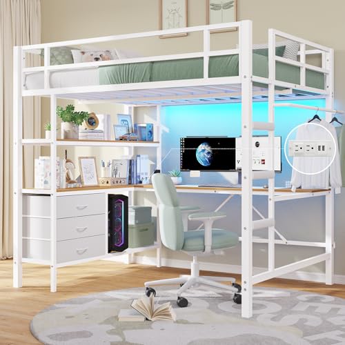 DICTAC Loft Bed Full Size with L-Shaped Desk and Charging Station Full Metal Bed Frame with LED Lights,Open Shelves and 3 Fabric Storage Drawers