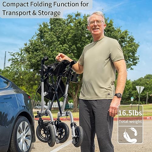 Rollator Walker for Seniors, Lightweight Foldable All Terrain Rolling Walker with seat, Aluminum Walkers with 10 inch Rubber Wheels