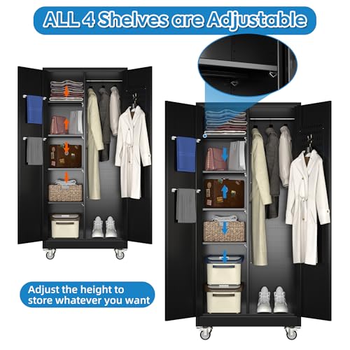 Garage Storage Cabinet with Wheels & Pegboard, 72" H Locking Metal Storage Cabinet with Doors and 4 Adjustable Shelves for Garage Workshop Home