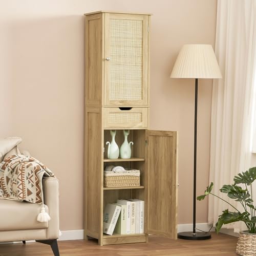 Iwell 67" Tall Bathroom Cabinet, Storage Cabinet with 2 Doors & 1 Drawer, Bathroom Storage Cabinets with Adjustable Shelves, for Living Room