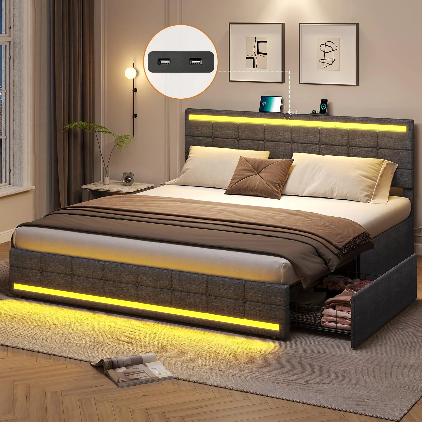 LED Bed Frame King Size Upholstered Platform Bed with 4 Drawers and LED Headboard and 2 USB Ports,Noise-Free, Dark Grey - Curated Treasures Market