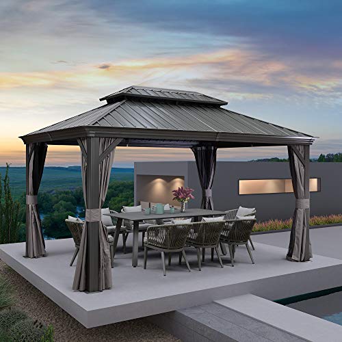 PURPLE LEAF 10' X 14' Permanent Hardtop Gazebo Aluminum Gazebo with Galvanized Steel Double Roof for Patio Lawn and Garden