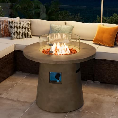 COSIEST Outdoor Propane Concrete Fire Pit Table w Imitation Stone Surface 32-inch Round Fire Table, CSA Certified, 40,000 BTU Stainless Steel Burner