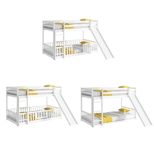 Full-Over-Full Castle Style Bunk Bed with 2 Drawers and 3 Shelves, Wood Bunk Bed Frame with Slide and Storage Staircase for Kids Teens Boys Girls