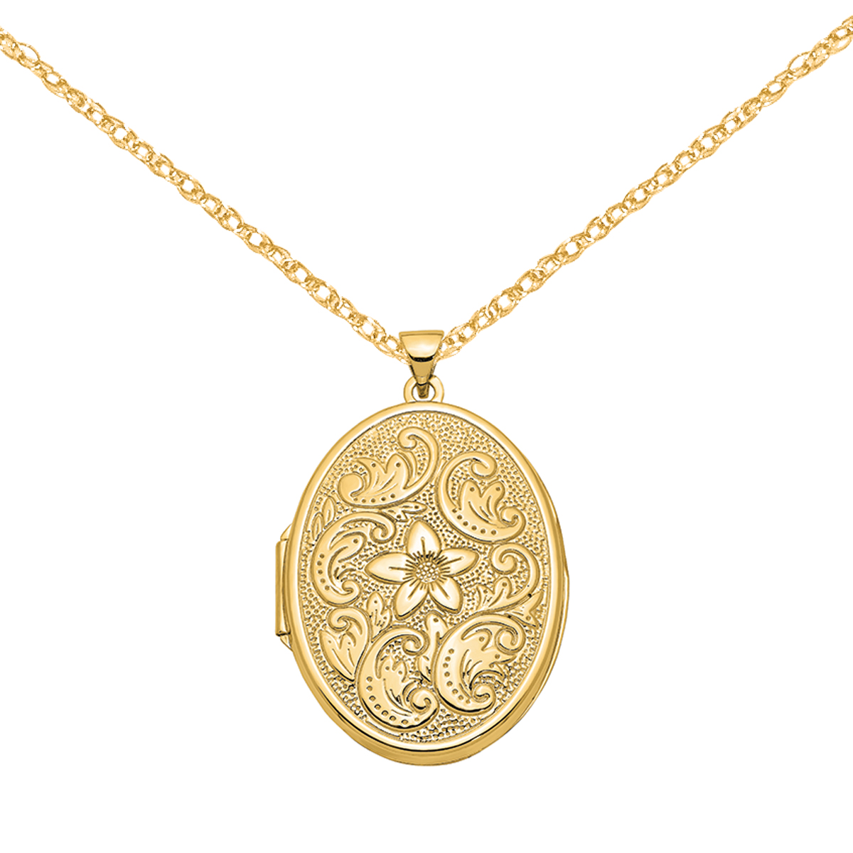 Primal Gold 14 Karat Yellow Gold 32mm Oval Flower with Scrolls Locket on 18-inch Cable Rope Chain