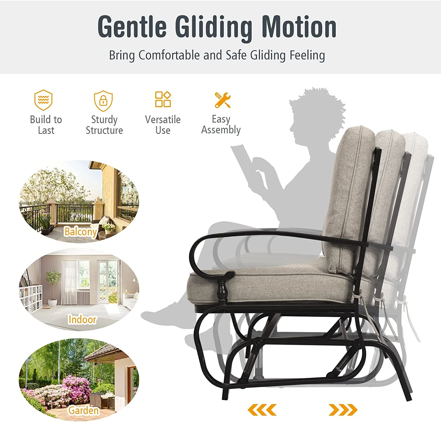Outdoor Glider Bench Patio Loveseat with Cushions, 2-Person Outdoor Rocking Chair, Porch Glider Swing for Garden, Backyard, Poolsise
