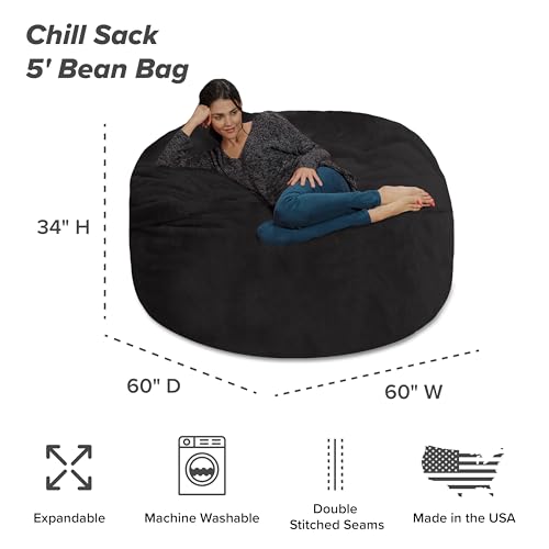 Chill Sack Bean Bag Chair - 5' Giant Memory Foam Lounge Chair with Soft Microfiber Cover – Cozy Furniture for Living Room, Dorm