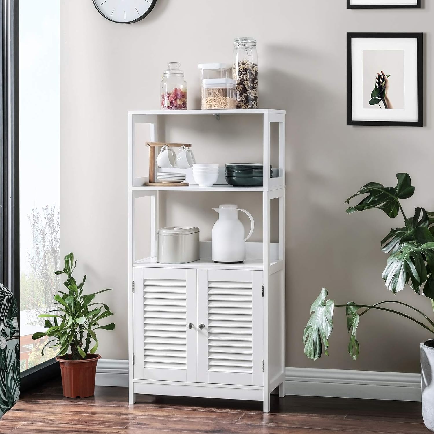 VASAGLE Bathroom Tall Cabinet, Freestanding Linen Tower, Tall Bathroom Storage Cabinet, 2 Open Shelves and Doors, 23.6 x 12.8 x 48 Inches