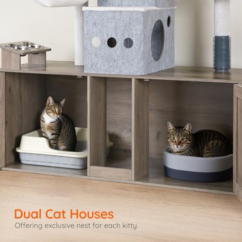 HOOBRO Cat Tree with 47.2" Dual Litter Box Enclosure, 63.4" Tall Multi-Functional Tower for Cats, Hidden Litter Box Enclosure Furniture