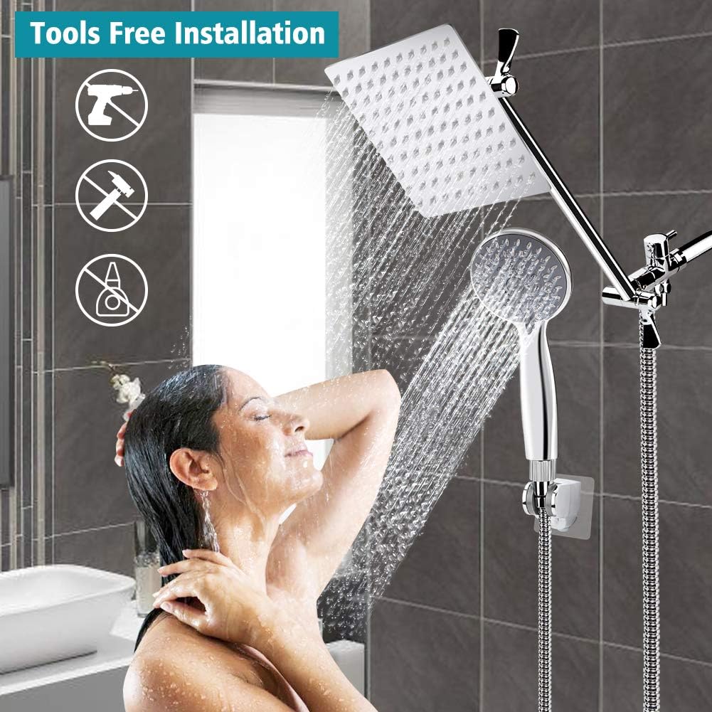 8'' High Pressure Rainfall Shower Head / Handheld Shower Combo with 11'' Extension Arm, Height/Angle Adjustable
