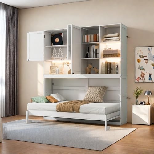 SOFTSEA Twin Size Murphy Bed Frame with Storage Cabinet and Shelves, Foldable Wall Bed with Light & USB for Guest Room, No Box Spring Needed, Gray