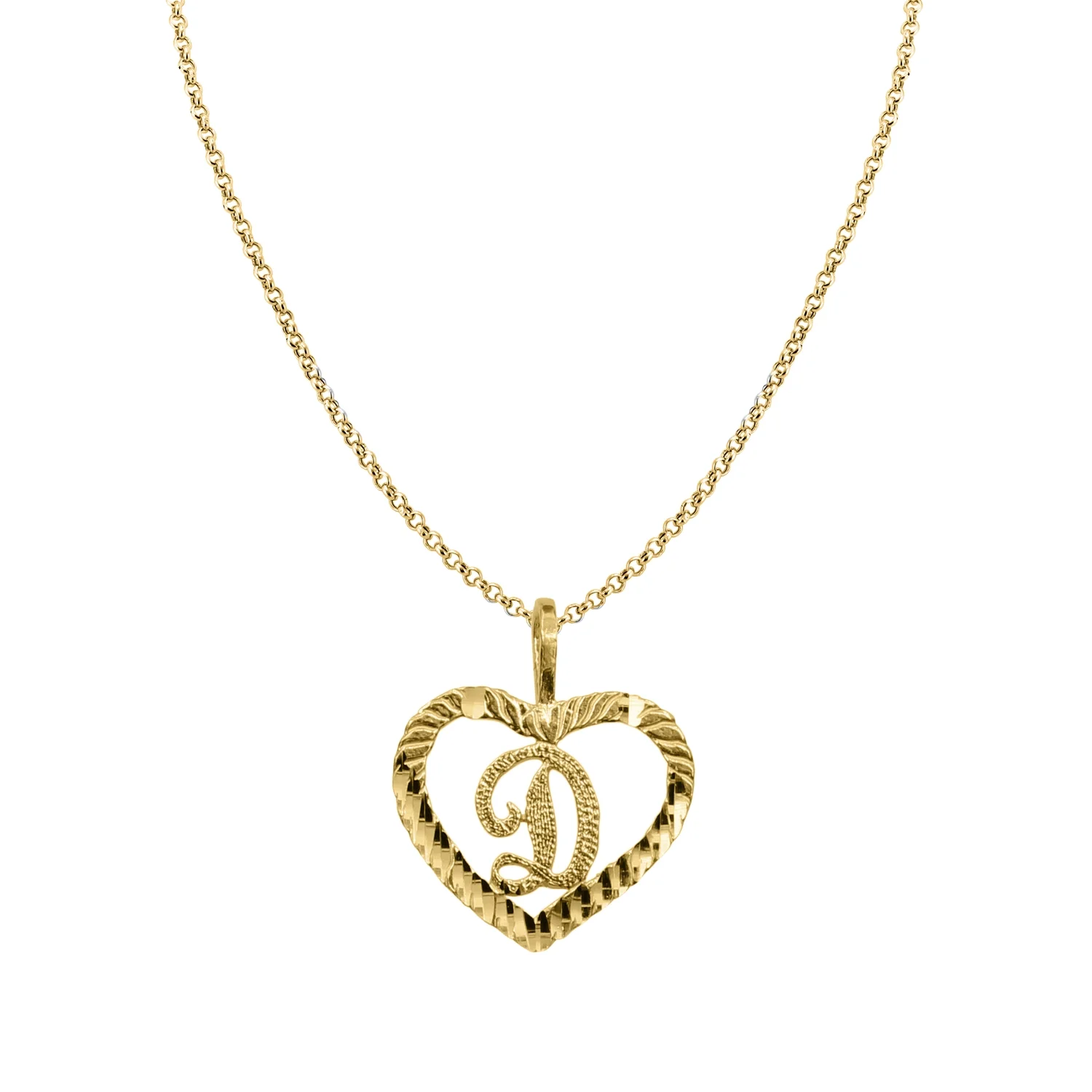 14k Yellow Gold Diamond-Cut Heart-Shaped Initial Letter 'D' Pendant with 1.2mm Rolo Chain