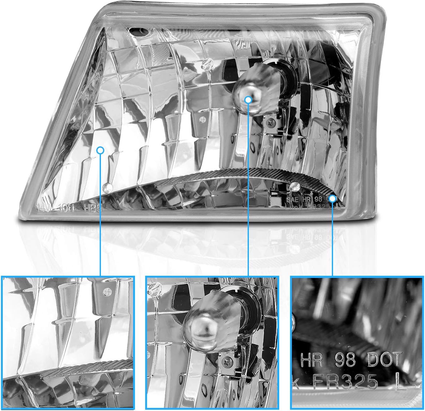 AmeriLite Crystal Replacment Headlights Pair for 1998 1999 2000 Ford Ranger Pickup - Passenger and Driver Side