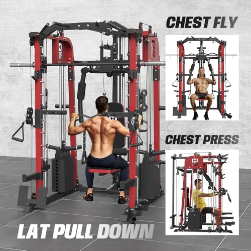 Commercial SmithMachine with Smith Bar, Home Gym Station with Dual Weight Stacks, 4000LBS Power Cage Squat Rack with Lever Arm, Leg Press