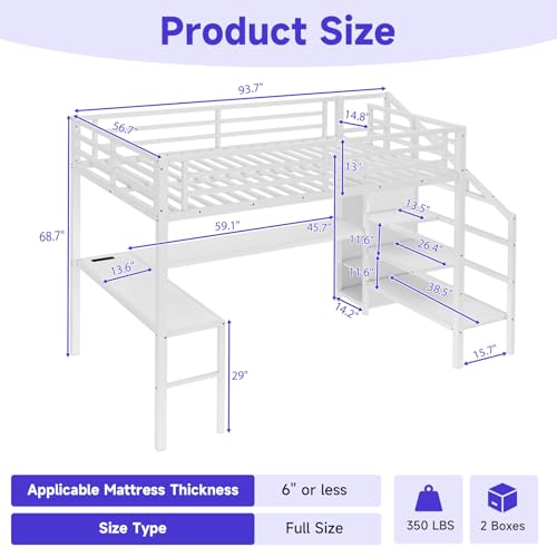 Full Size Metal Loft Bed Heavy-Duty Loft Bed Frame, LED Loft Bed Frame with L Shaped Desk, Wardrobe, Storage Stairs